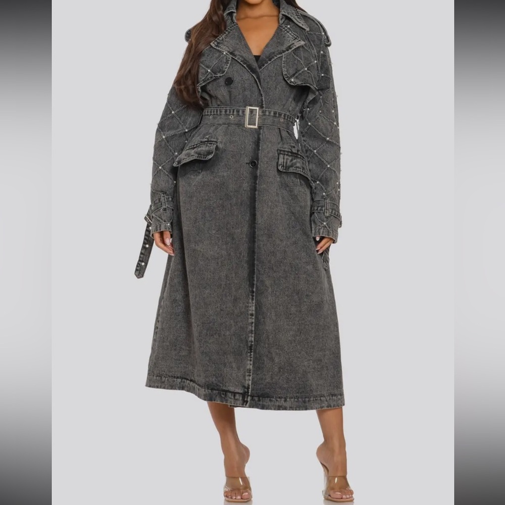 Distressed Denim Trench Coat, Black /Gry. w/ Pearl & Silver Accents, S, M , L - Picture 3 of 16